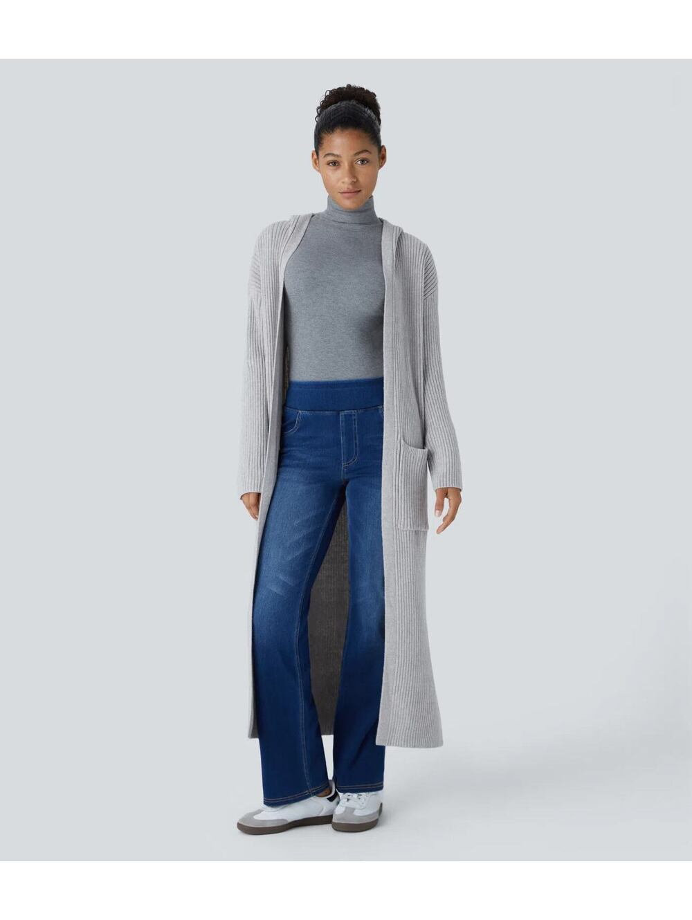 Halara Hooded Long Sleeve Pocket Longline Casual Cardigan Gray Size Large
